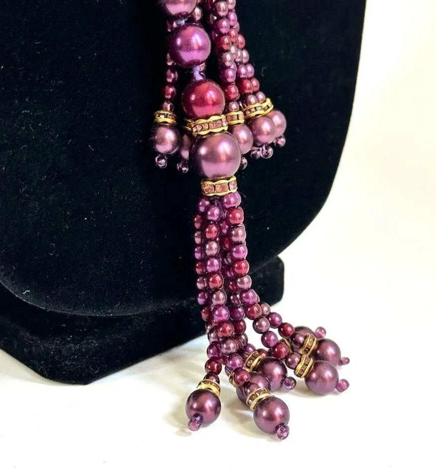 Vintage Joan Rivers Deep Purple Pearl Beaded Lariat With Rhinestones - Image 4