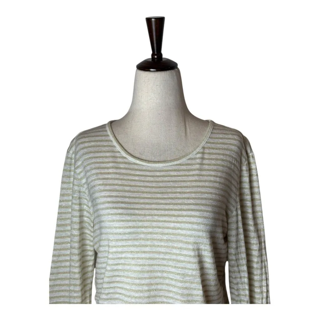 Frame Shirt Women Large Ivory Metallic‎ Gold Striped Linen Blend Split Cuff Tee - Image 5