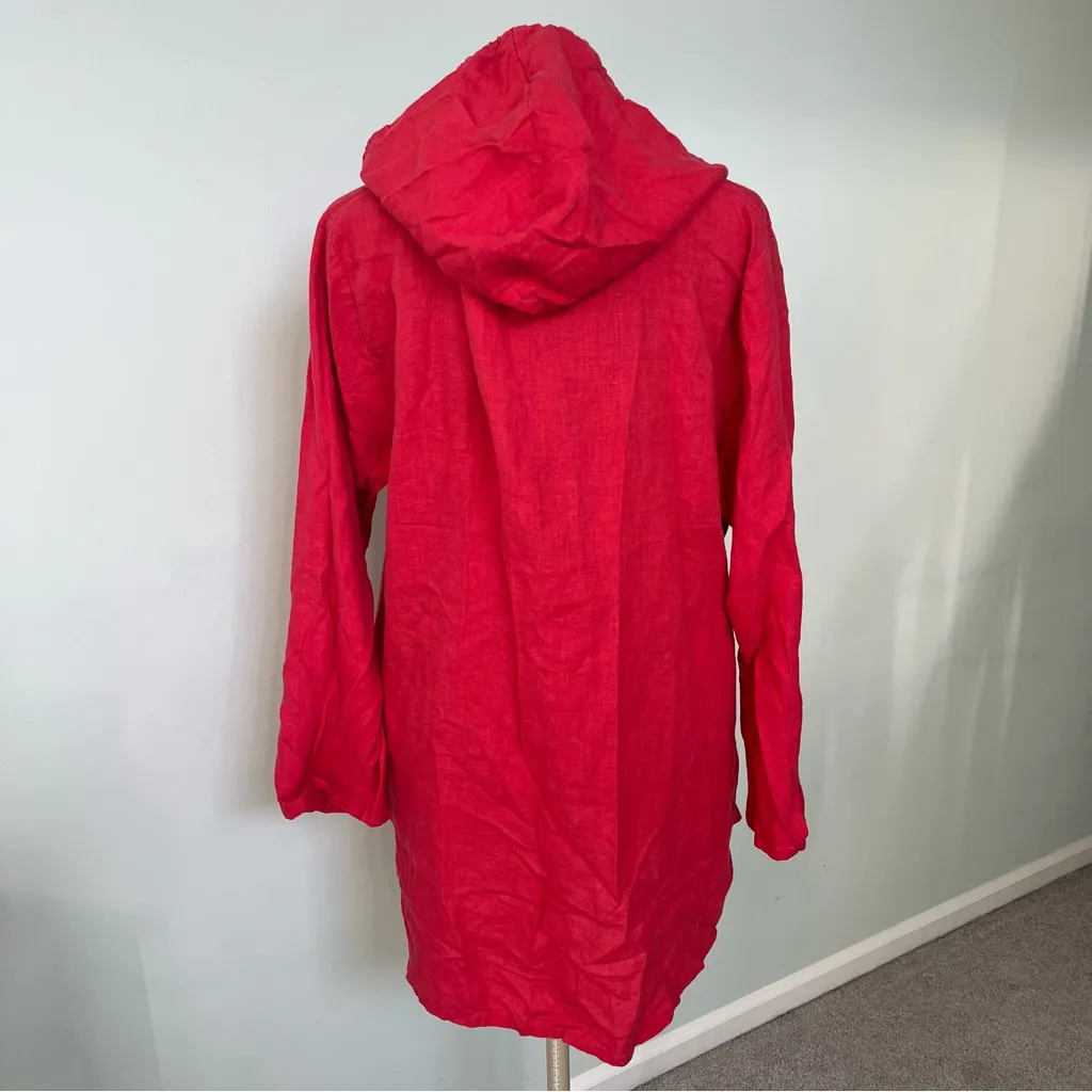 FLAX Women’s 100% Linen Long Sleeve Hooded Tunic Top Size M Watermelon Red Pink - Image 4