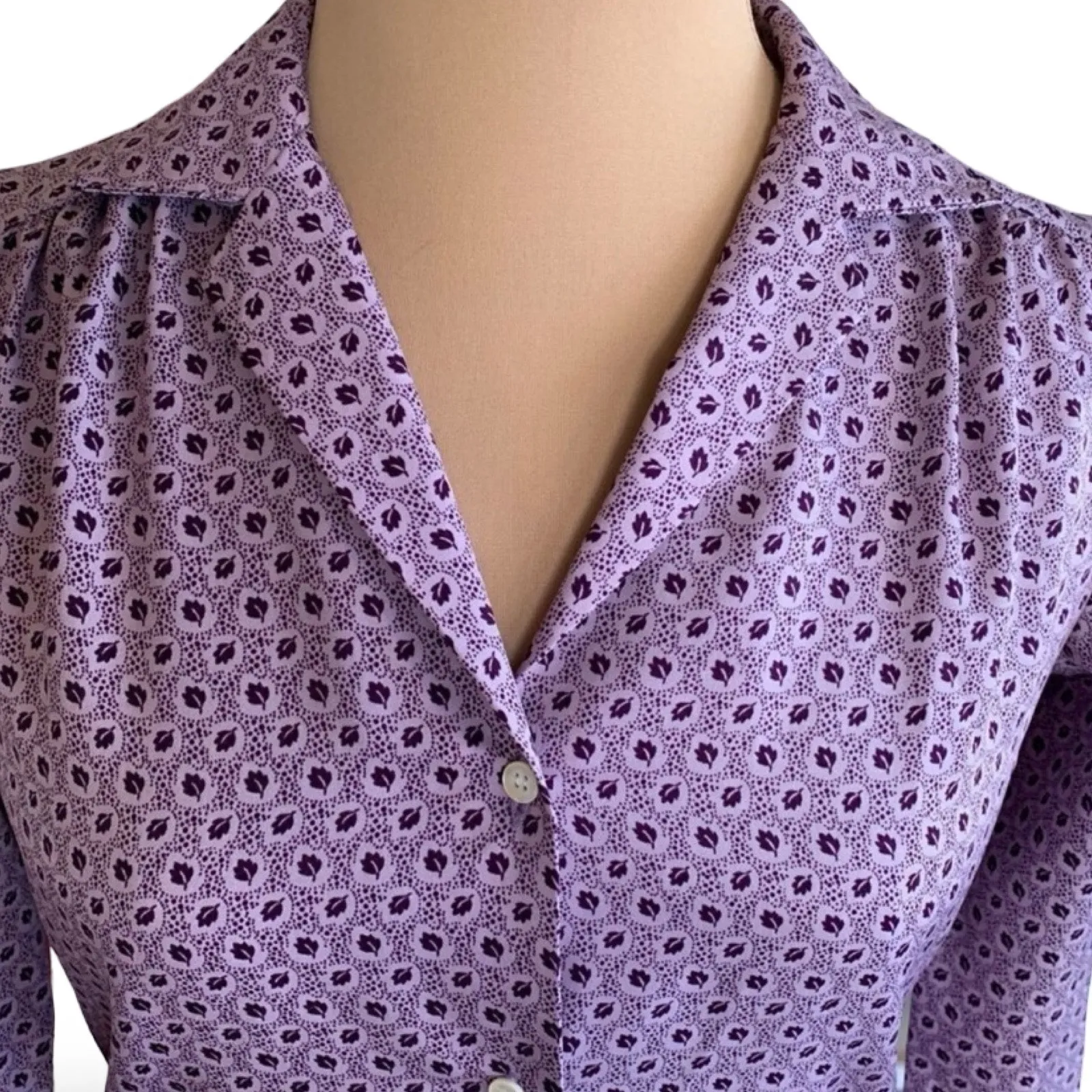 Vintage Levi Strauss Lavender Micro Leaf Print Blouse Long Sleeve Button Front - Image 2