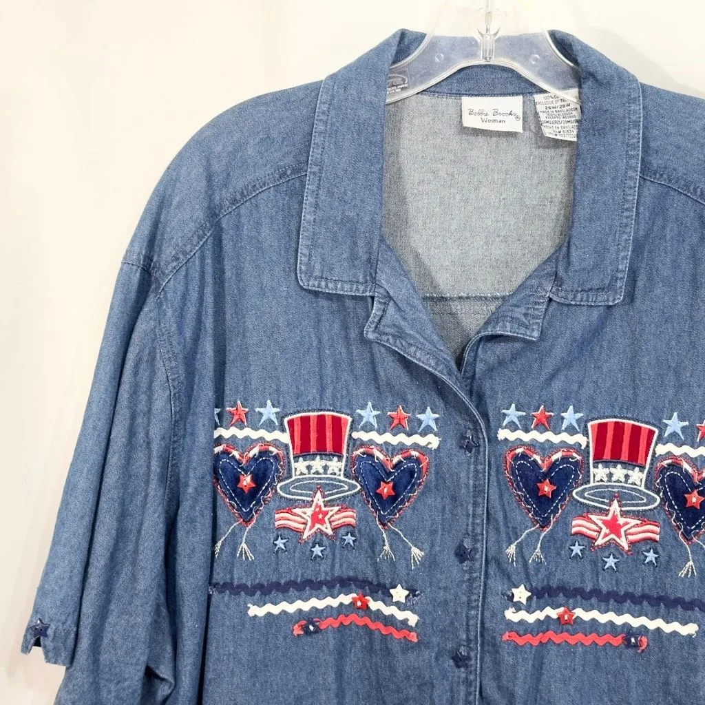 Bobbie Brooks Plus Size 26W 28W Denim Top Patriotic USA‎ Flag 4th of July 627 Blue - Image 3