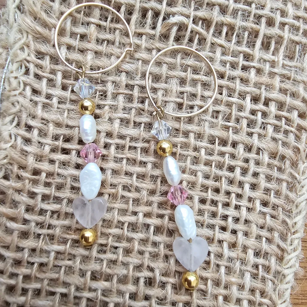 Heart Cut Rose Quartz & Fresh Water Pearl Long Dangle Bead Pierced Earrings Pink - Image 2