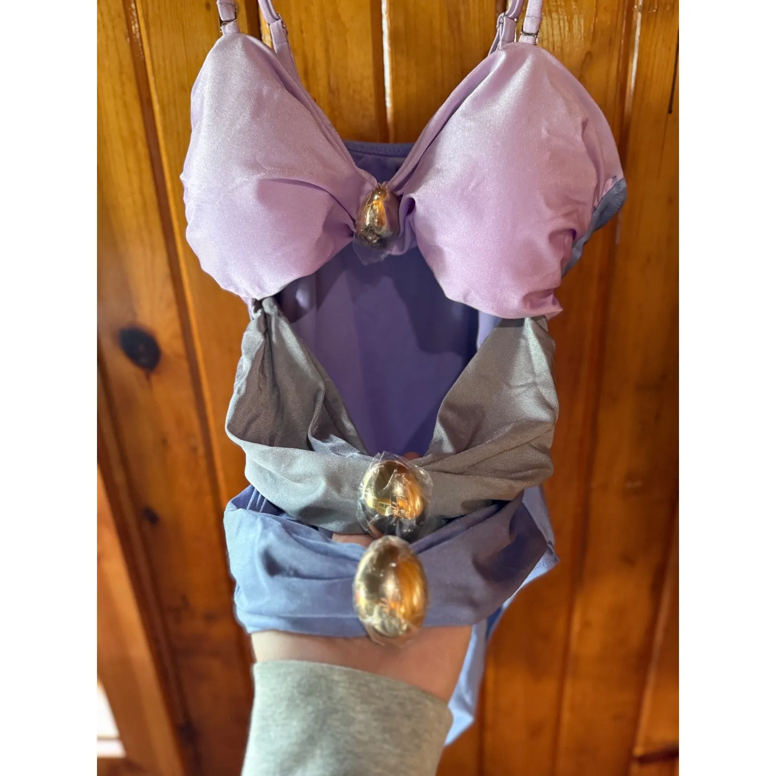 One Piece Swimsuit Cut Out Detail Embellished Accents Purple‎ size XL Purple - Image 4