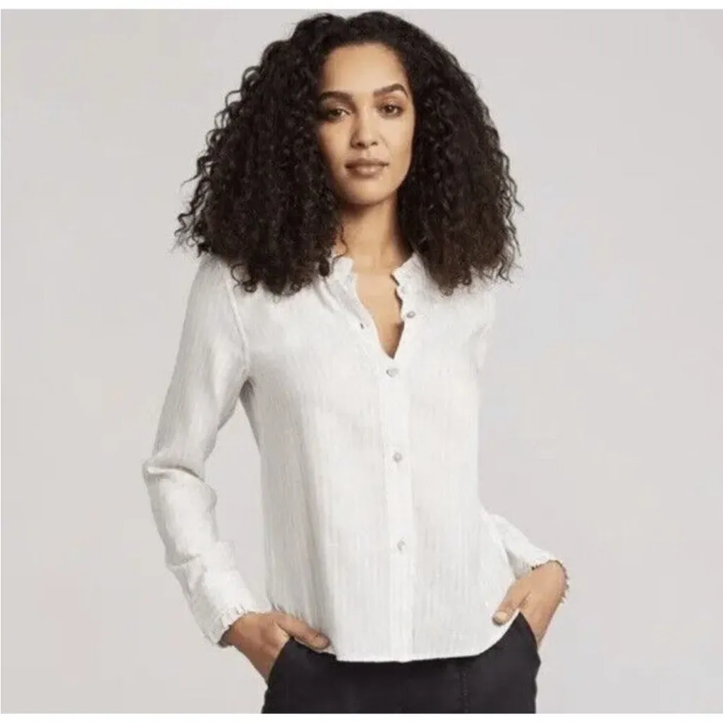 Faherty Nantucket Ruffle Button Down Linen Blend Striped Shirt White/Beige Small - Image 2