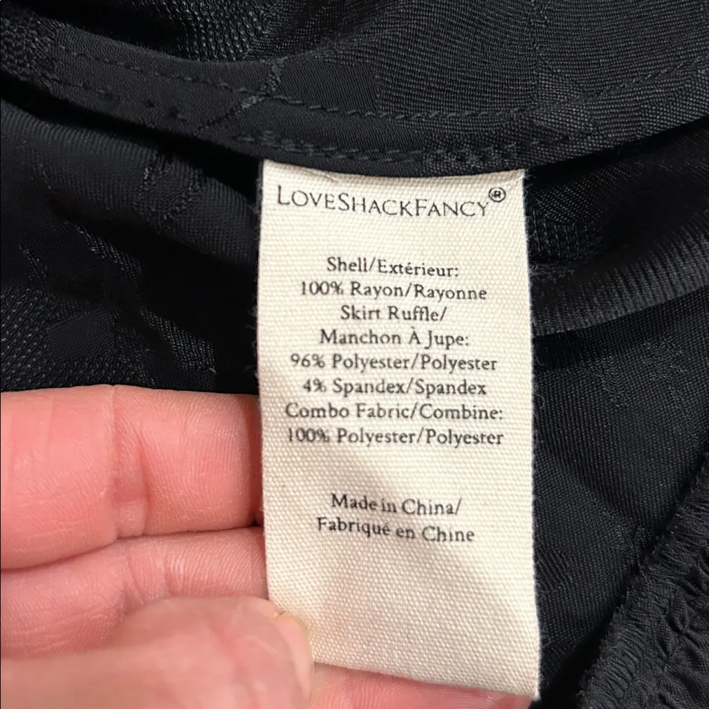 LoveShackFancy Black Jacquard Puff Sleeve Mini Dress XS Satin Ruffle Hem NWT - Image 15