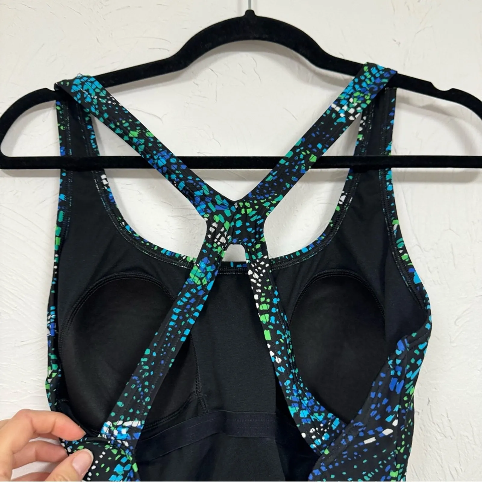 Speedo Blue & Green Spotted One Piece Swimsuit Womens 12 Modest Swim Vacation - Image 6