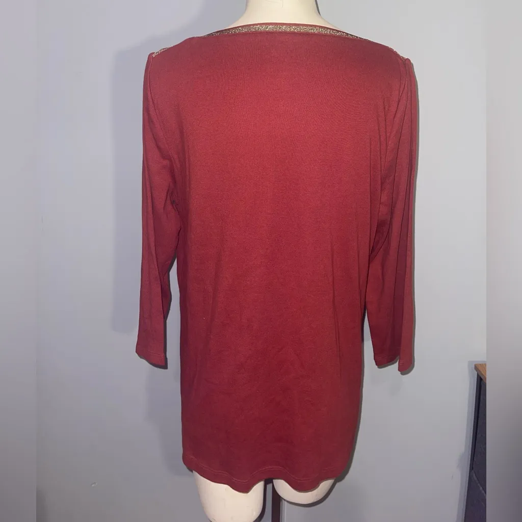 Croft & Barrow wine 3/4 sleeve top shirt tee with gold trim woman’s large NWT - Image 2