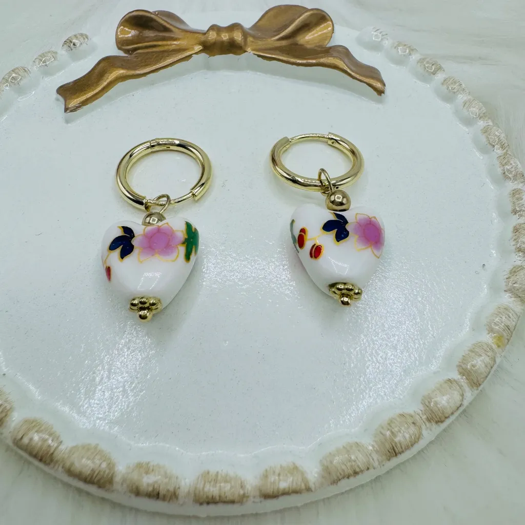 Dainty Cute Small Ceramic Heart Earrings White - Image 6