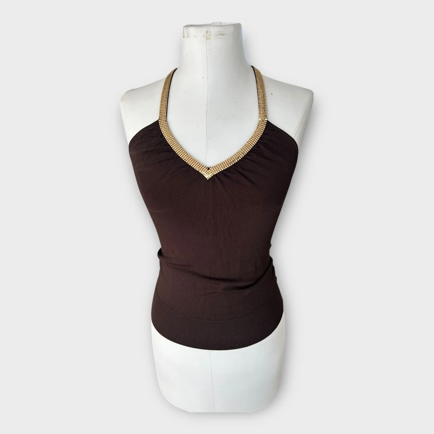 Vintage Y2K bebe Halter Top & Cardigan Set with Gold Chain Trim Brown Sz S/M - Image 11