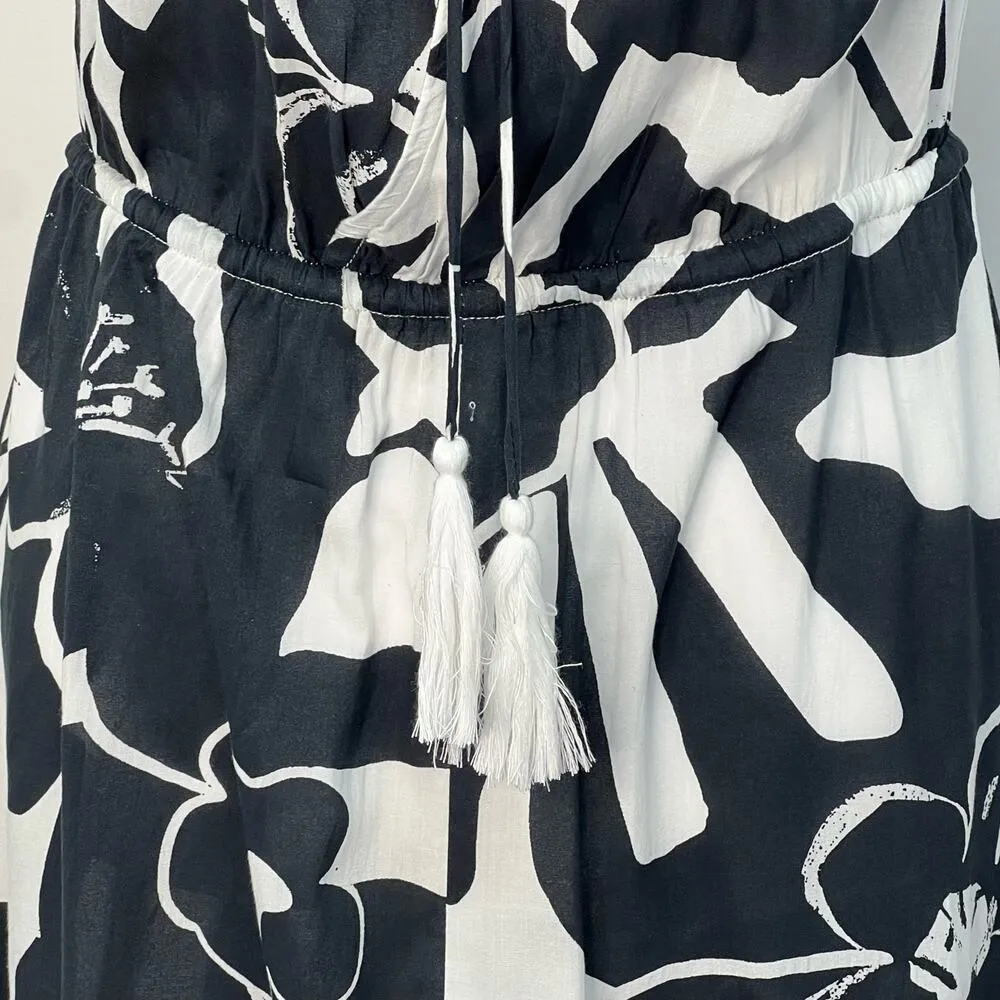 Elan Small Maren Maxi Dress Black White Front Slit Cruise Wear V Neck Boho Flowy - Image 9