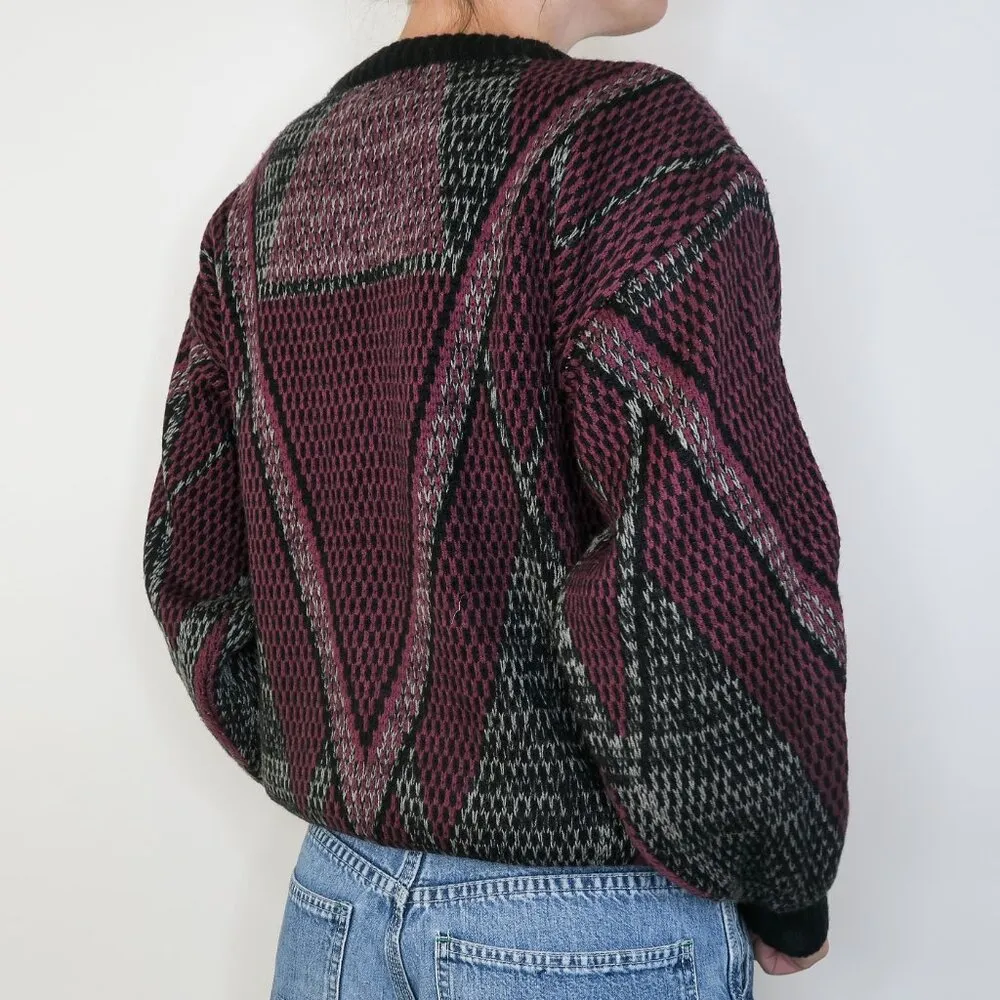 Vintage 80s Leather Patch Grandpa Sweater Black Size M - Image 3