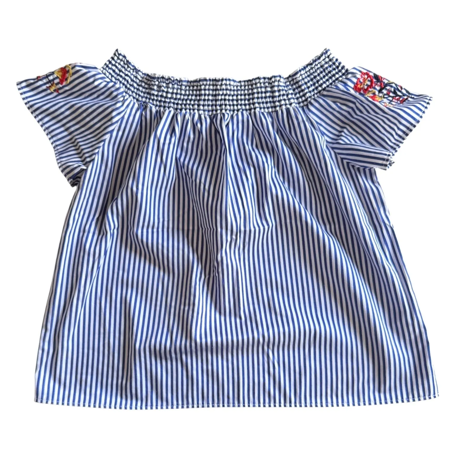 Stella Tweed‎ Women's XL Off-Shoulder Blue Striped Floral Embroidered Blouse - Image 3