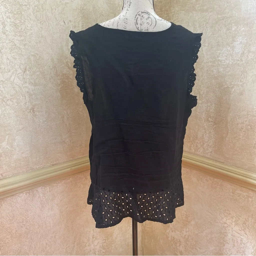 Lungo L’Arno European linen Sleeveless top blouse tunic Black Eyelet hem Sz XL - Image 5