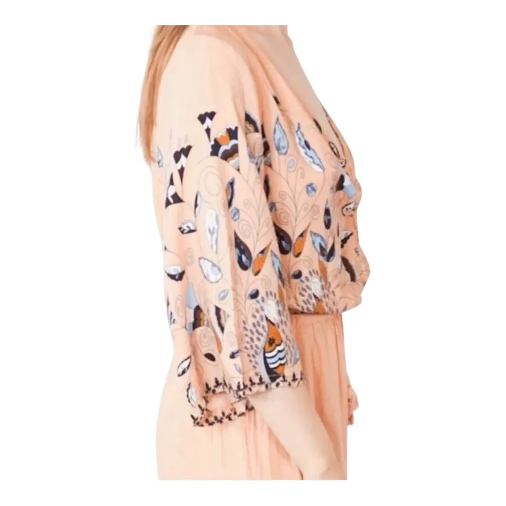 Jaase Floral Dandelion Wide Leg Jumpsuit Womens Small Peach Blue Bell Sleeve - Image 7