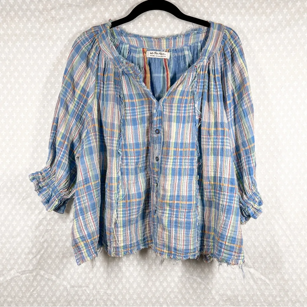 Free People We‎ The Free Blue Lucy Plaid Swing Cotton Button Up Top - Image 2