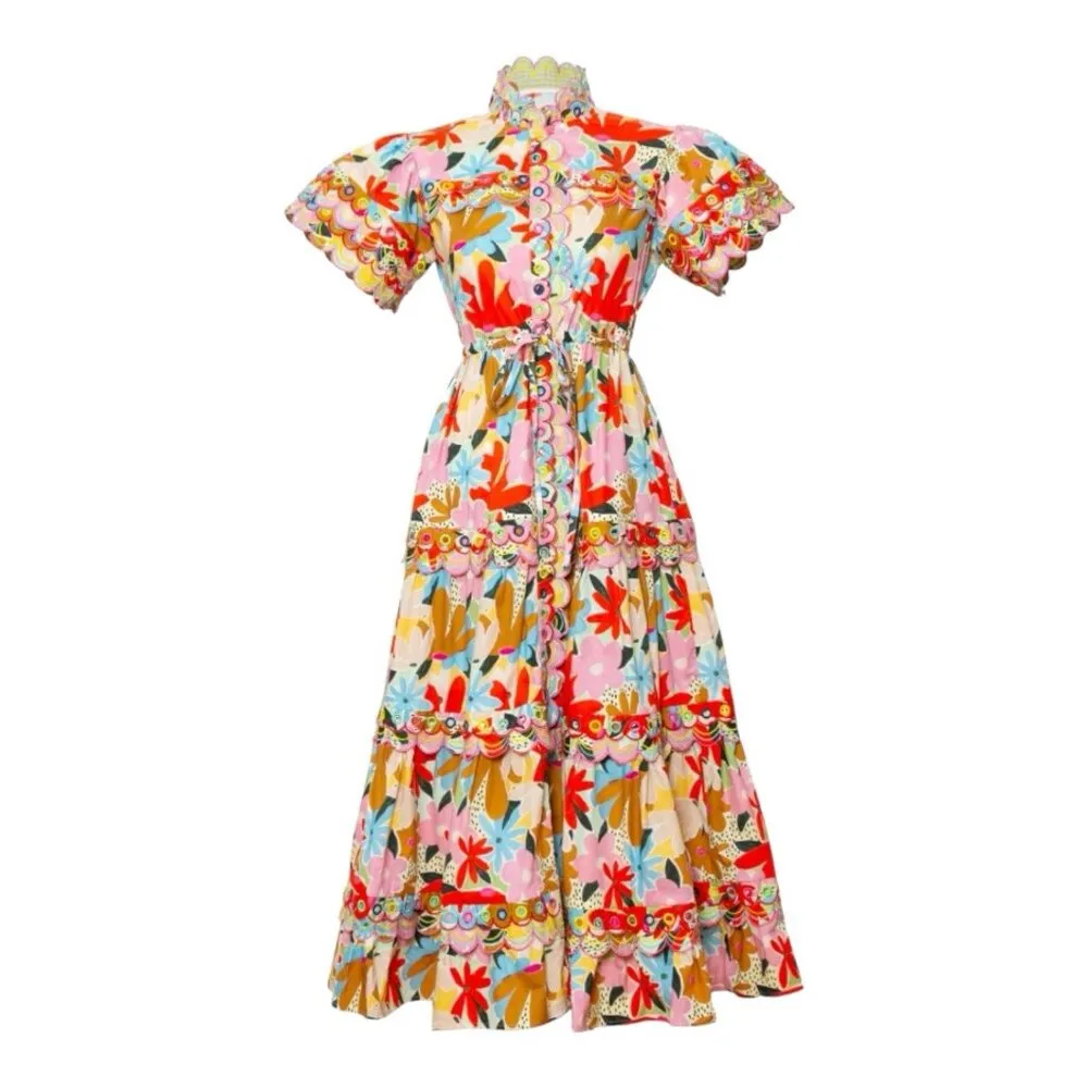 CeliaB Freya Dress Large Floral Multicolor Button Down MIDI Pockets Drawstring Multiple - Image 2