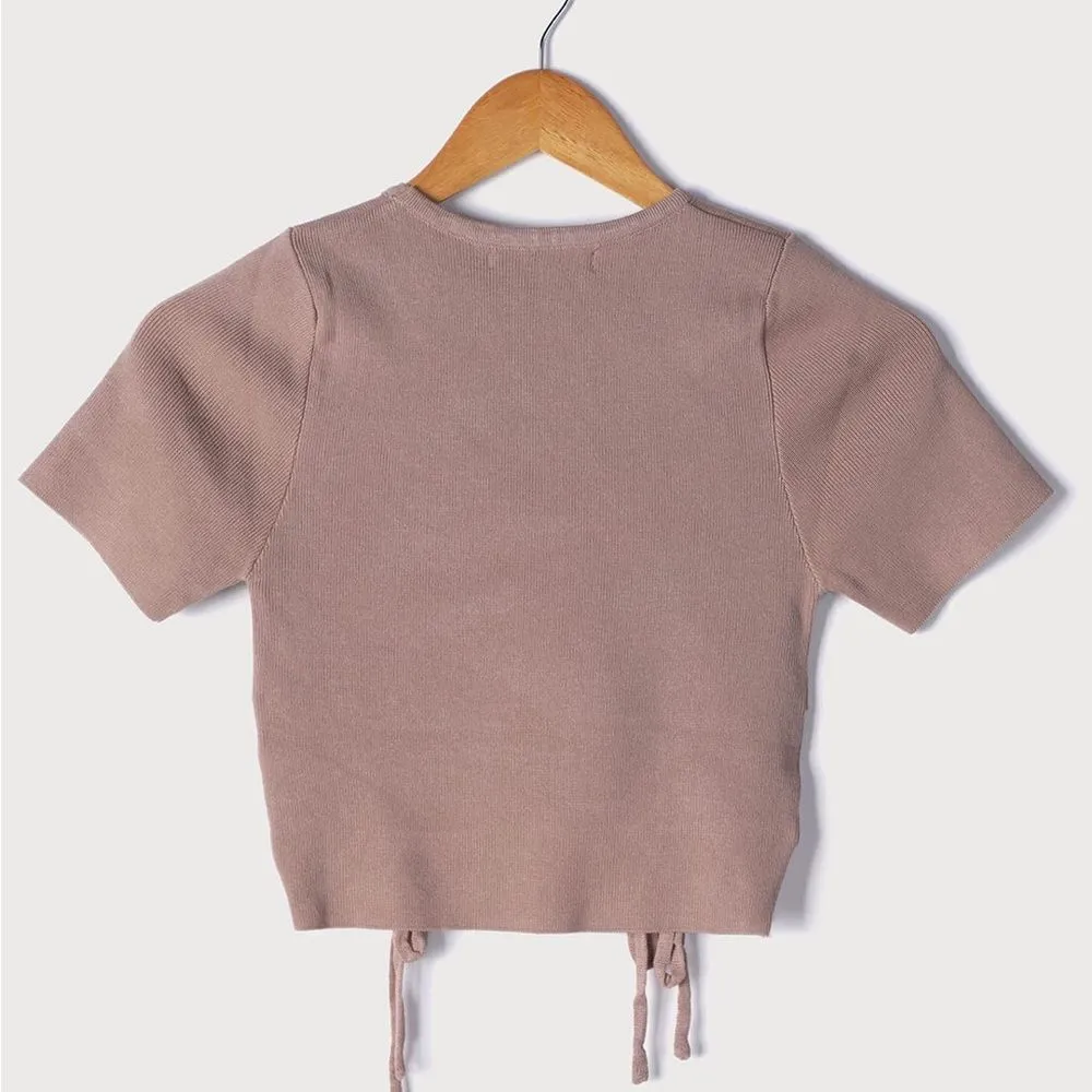 NWT Cinch Me Tan Drawstring Ruched Short Sleeve Sweater Top Tan Size M - Image 6