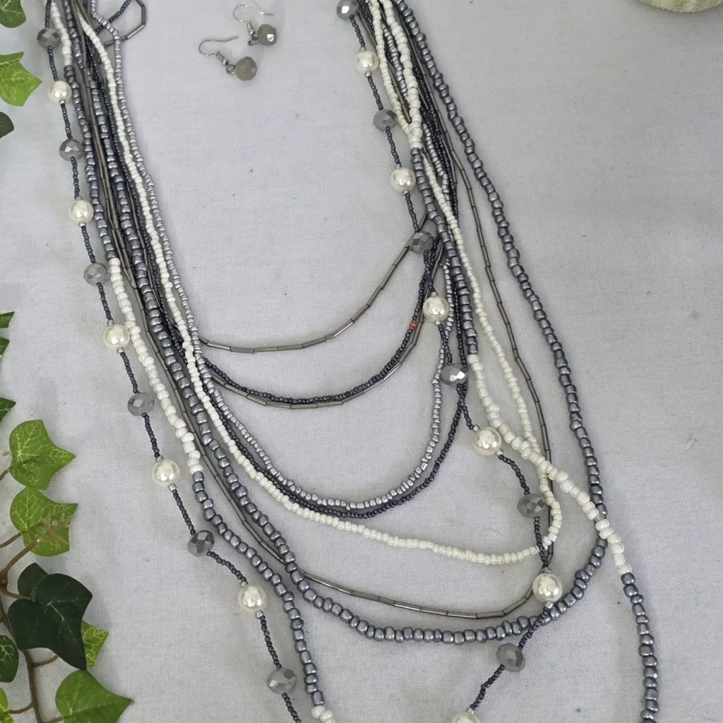 Silver Statement Long Multi Strand Necklace and Earrings Set - Image 5