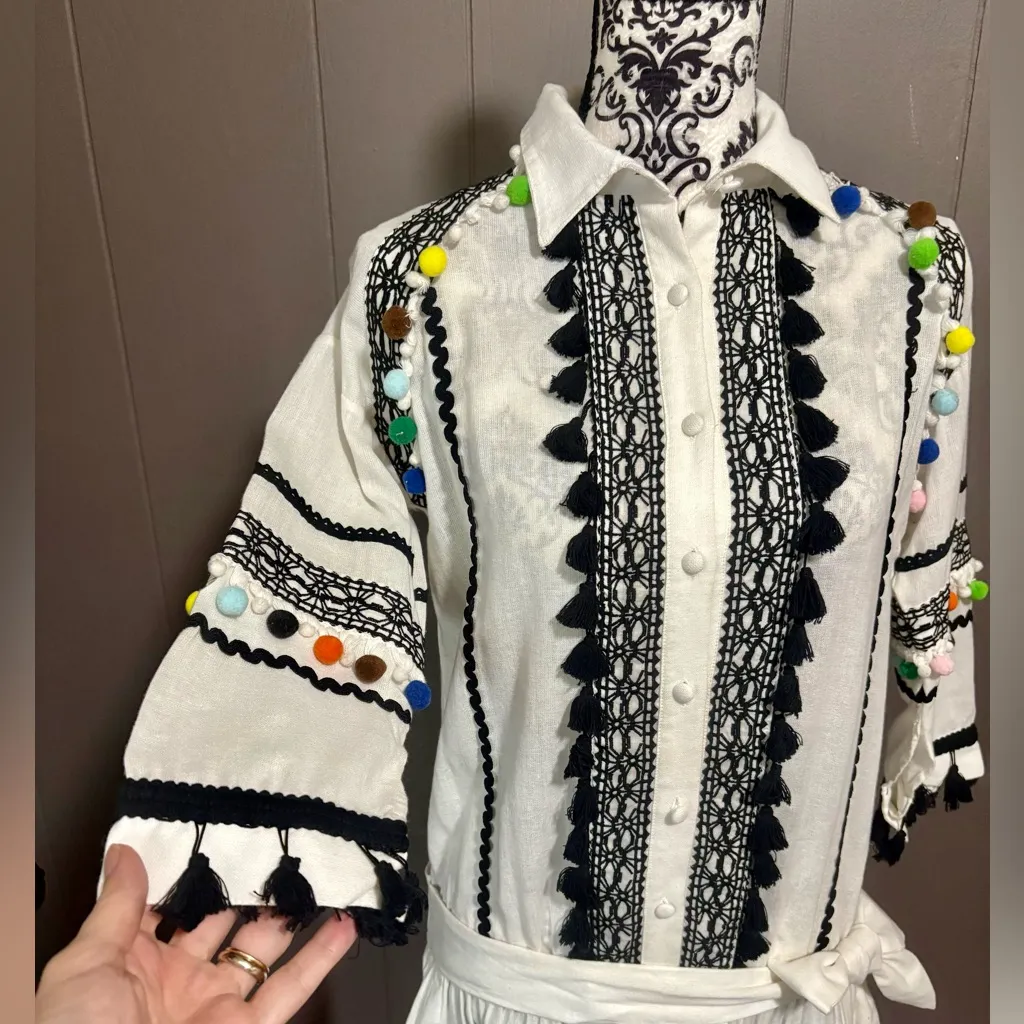 DODO BAR OR Delilah White and Black Embroidered Romper with Colorful Pom Pom - Image 3