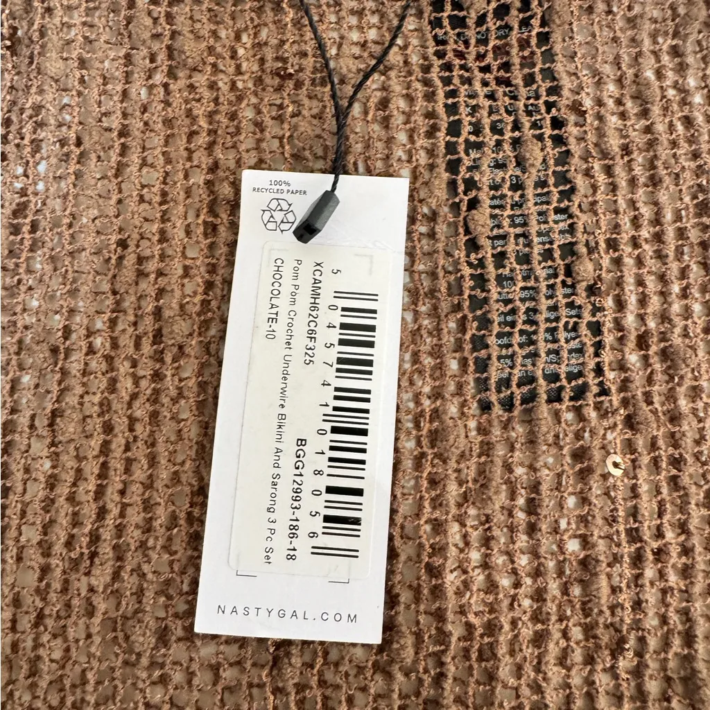 NWT Nasty Gal Chocolate Brown Pom Pom Crochet Bikini & Wrap 3 piece set sz 6 /M - Image 7