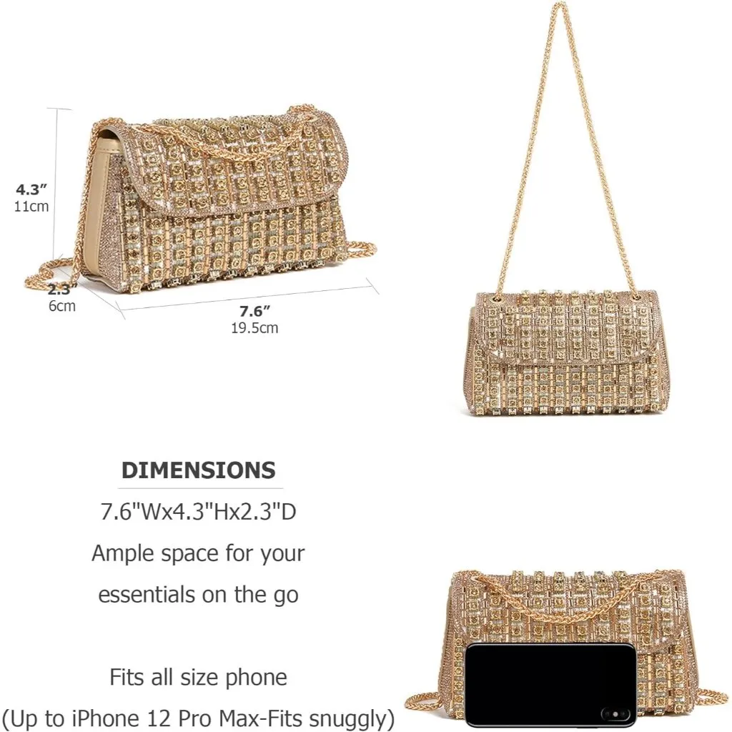 ⚡Women's Sparkly Rhinestones Chain Shoulder Cocktail Gold Clutch Party Prom Bag - Image 2