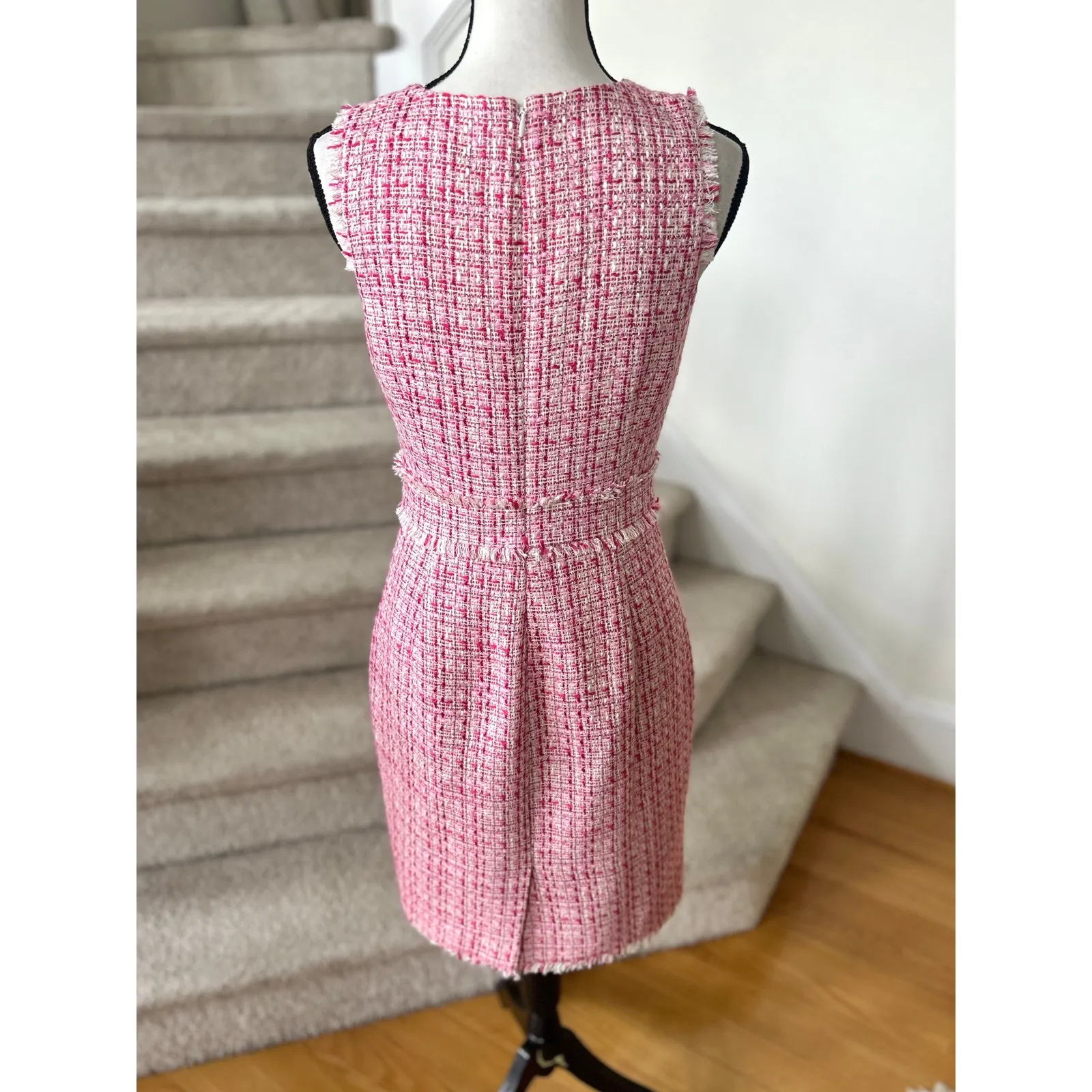 J.Crew Pink & Red Metallic Tweed Fringe Sleeveless V-Neck Sheath Dress - Image 3