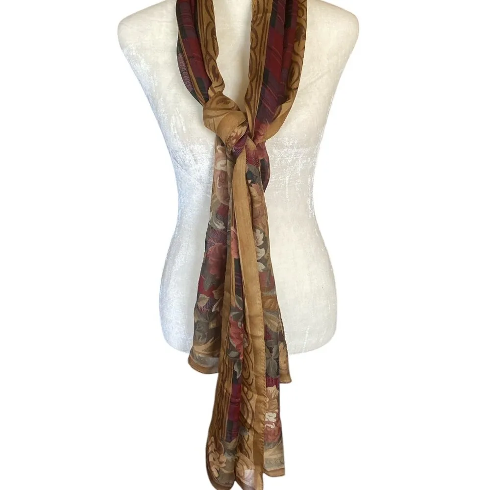 Gold Floral red and green plaid thin lightweight scarf wrap shawl women's - Image 3