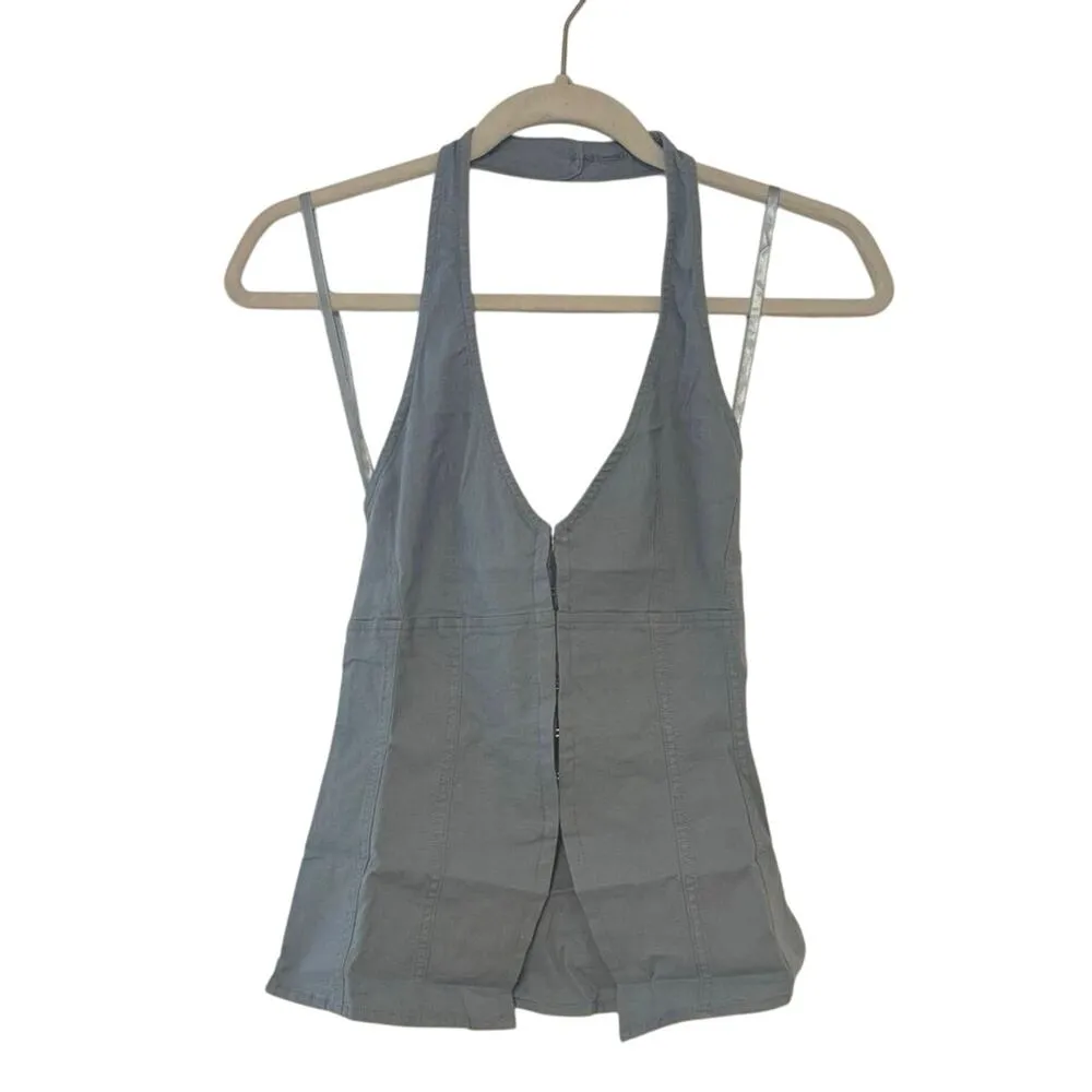 NWT Urban Outfitters Sari Seamed Linen-Blend Halter Vest Top In Blue Size XXS - Image 3