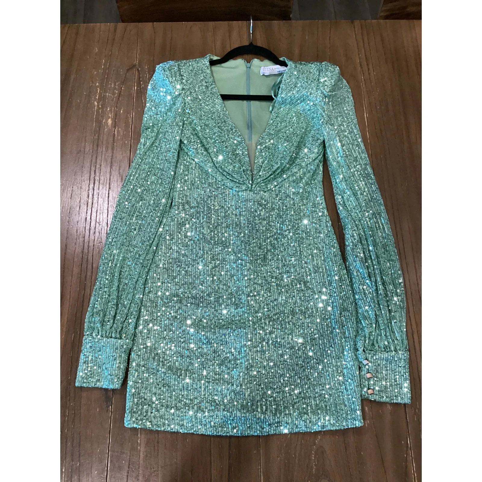 Ieena for Mac Duggal 26865 Sequin bishop long Sleeve sequin mini Dress green 0 - Image 7