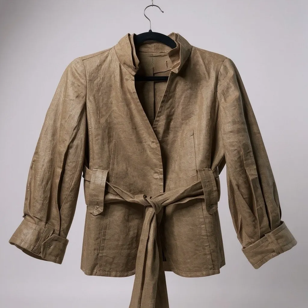 Women’s Korean Fashion Minimalist Linen Front Tie Blouse Khaki Small - Image 2