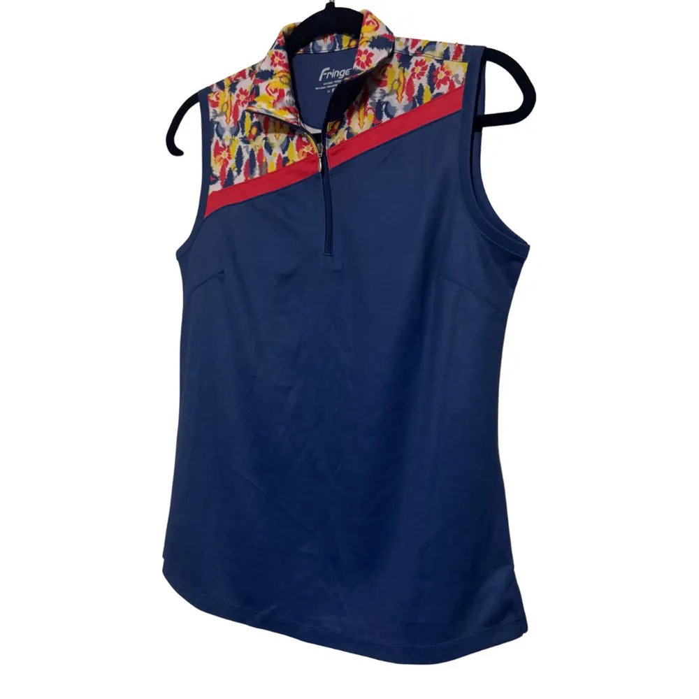 FRINGE Talia Sleeveless Collared Knit Stretch Golf Top Navy Peony Floral NWT XS - Image 3