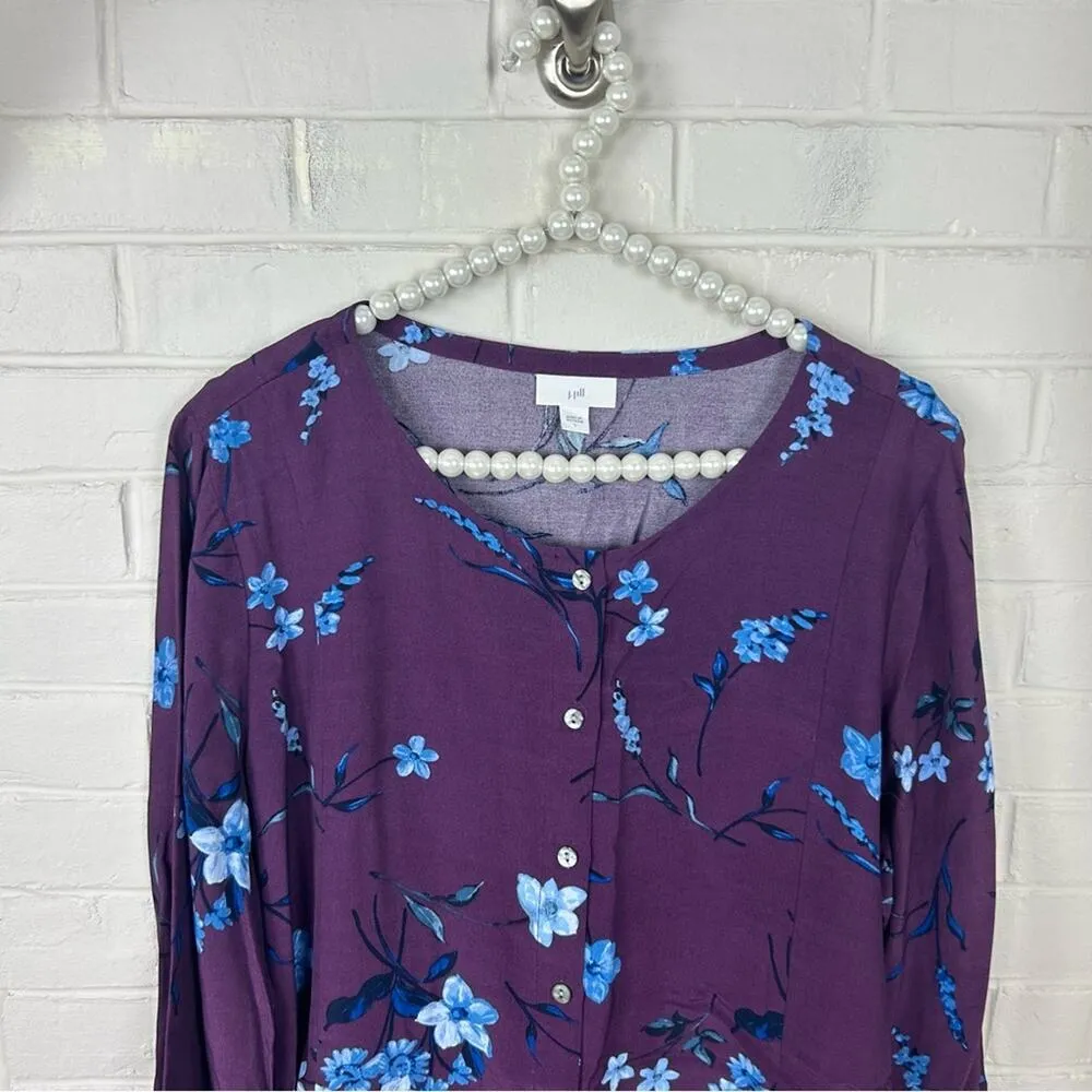 J.Jill  Dark Maroon Purple Floral Button Down Top Size L - Image 2