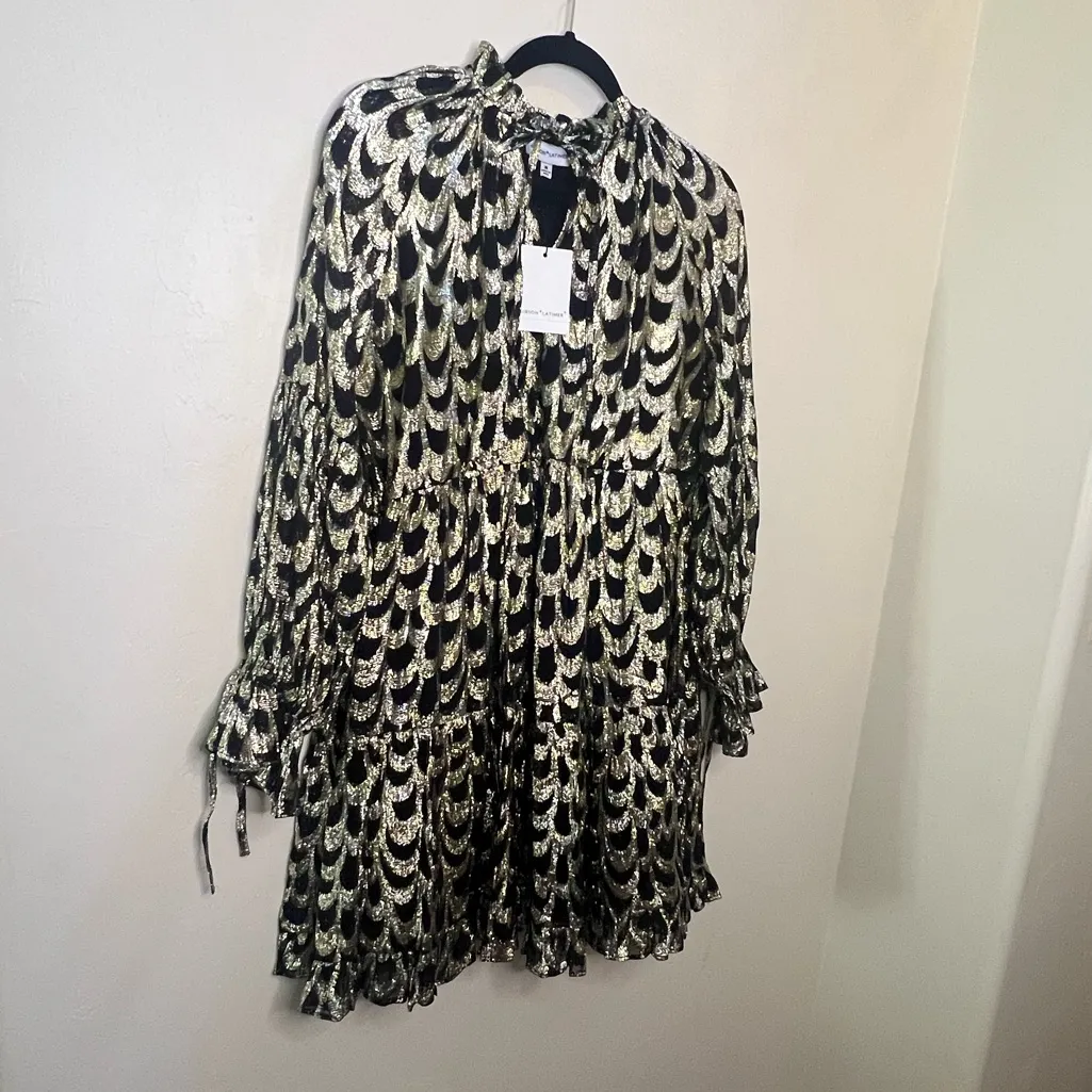 Gibson Latimer Black and Gold Patterned Dress M - Image 2