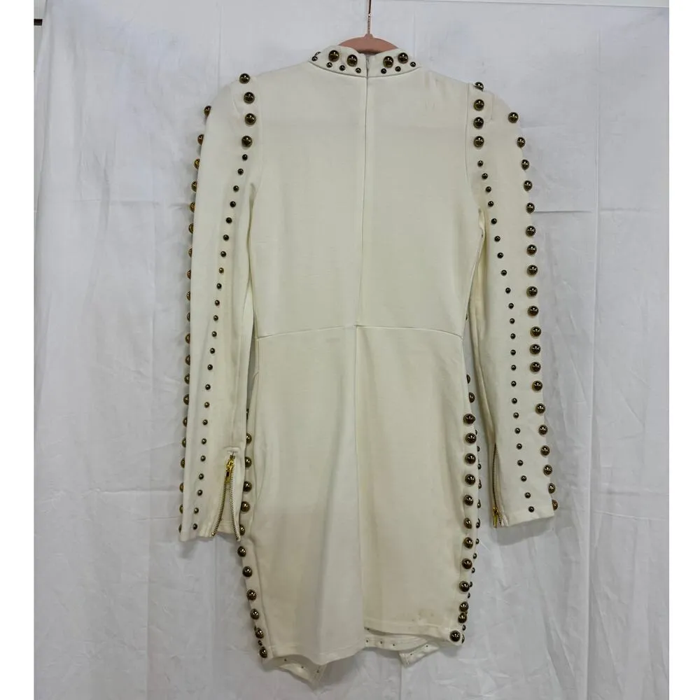 Studded Long Sleeve Mock Neck Asymmetric Hem Mini Sheath Dress White Women's S - Image 3