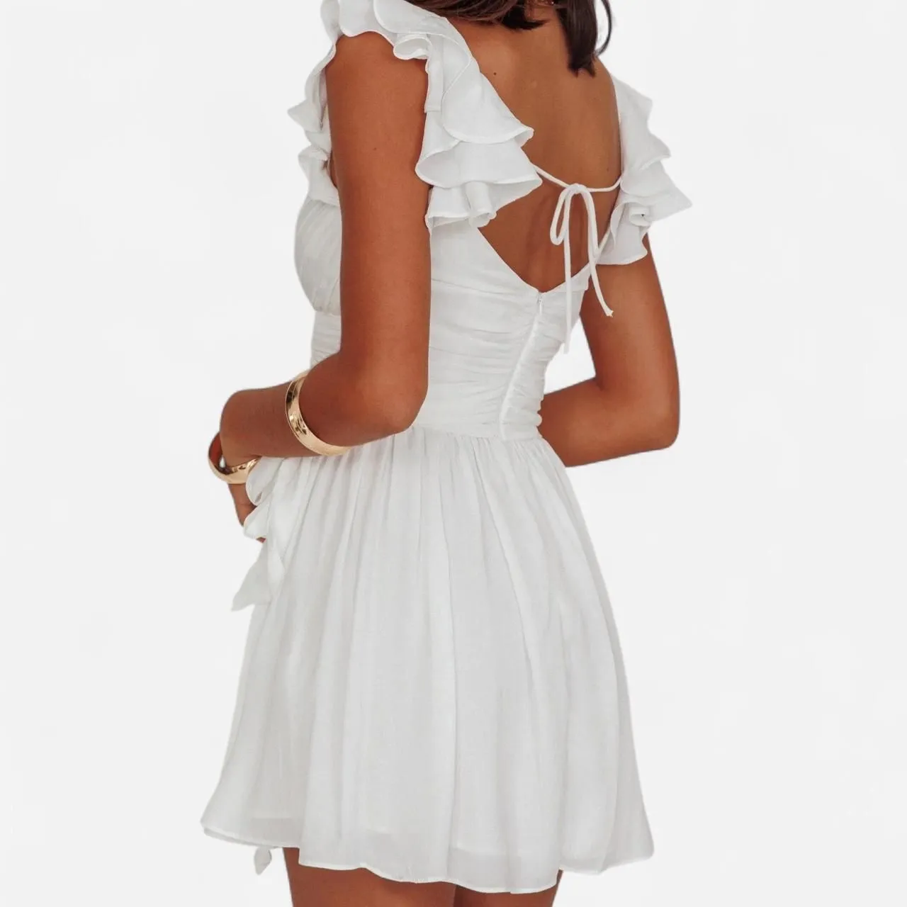 Selfie Leslie Whimsy Ruffle Shoulder Dress – White Soft-Girl Bridalcore Mini XS - Image 4