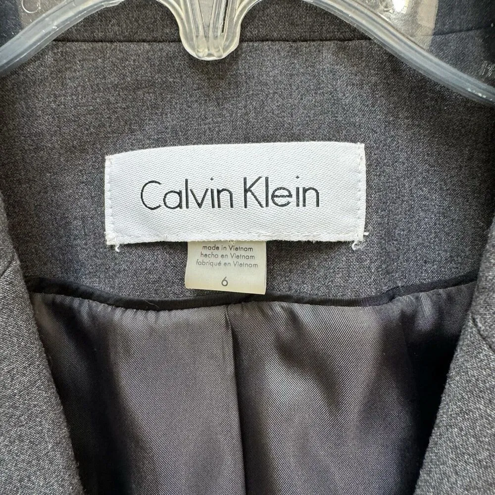 CALVIN KLEIN Gray Mid-length Blazer Suit Jacket Size 6 Lined Single-Breasted - Image 4