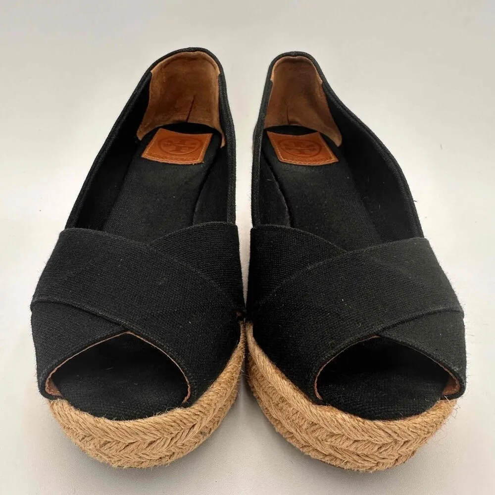 Tory Burch Black Filipa Open Toe Espadrille Wedges Shoes Size 38 / 8 - Image 3