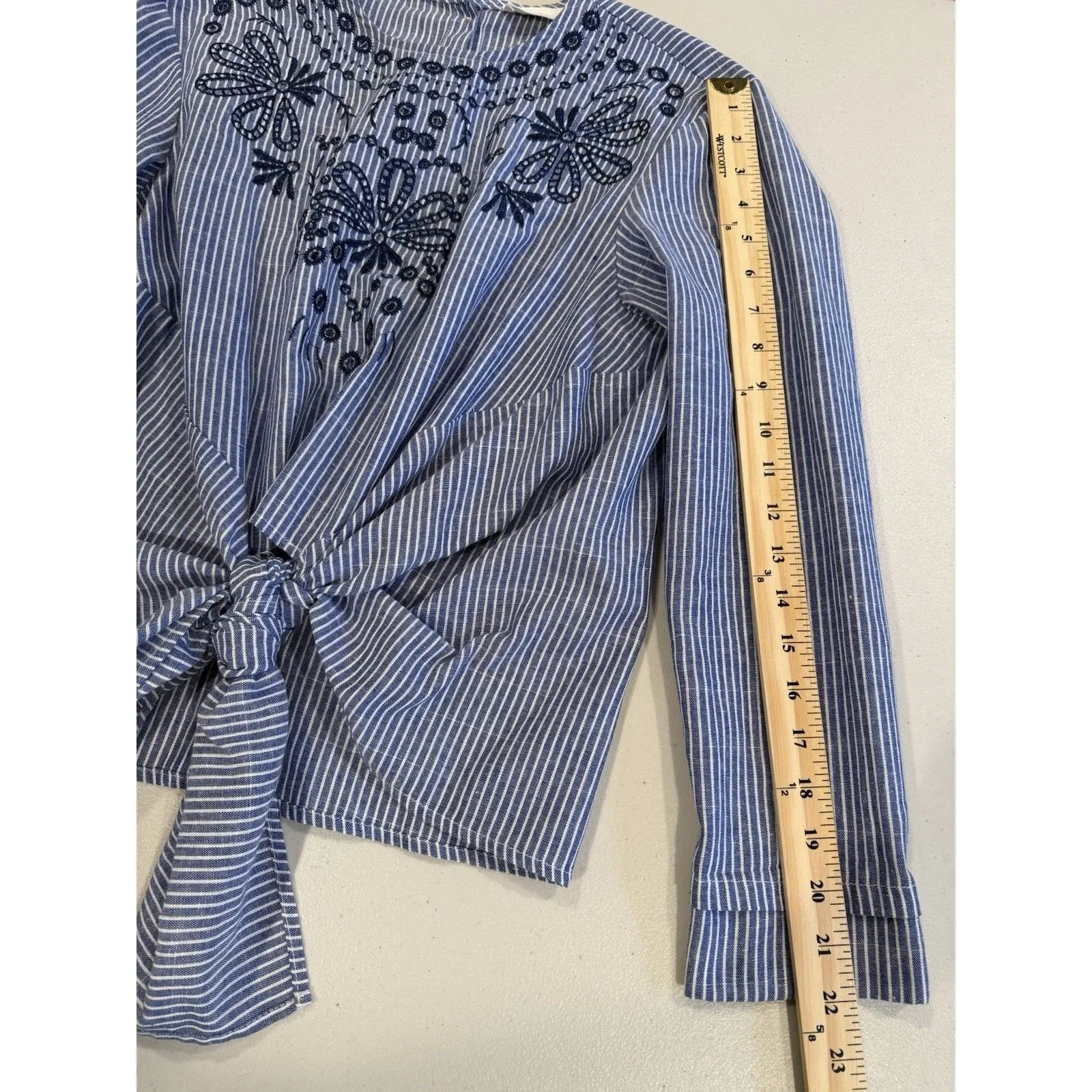 Love+Harmony Top Womens Small Striped Embroidered 100% Cotton Preppy Coastal Blue - Image 6