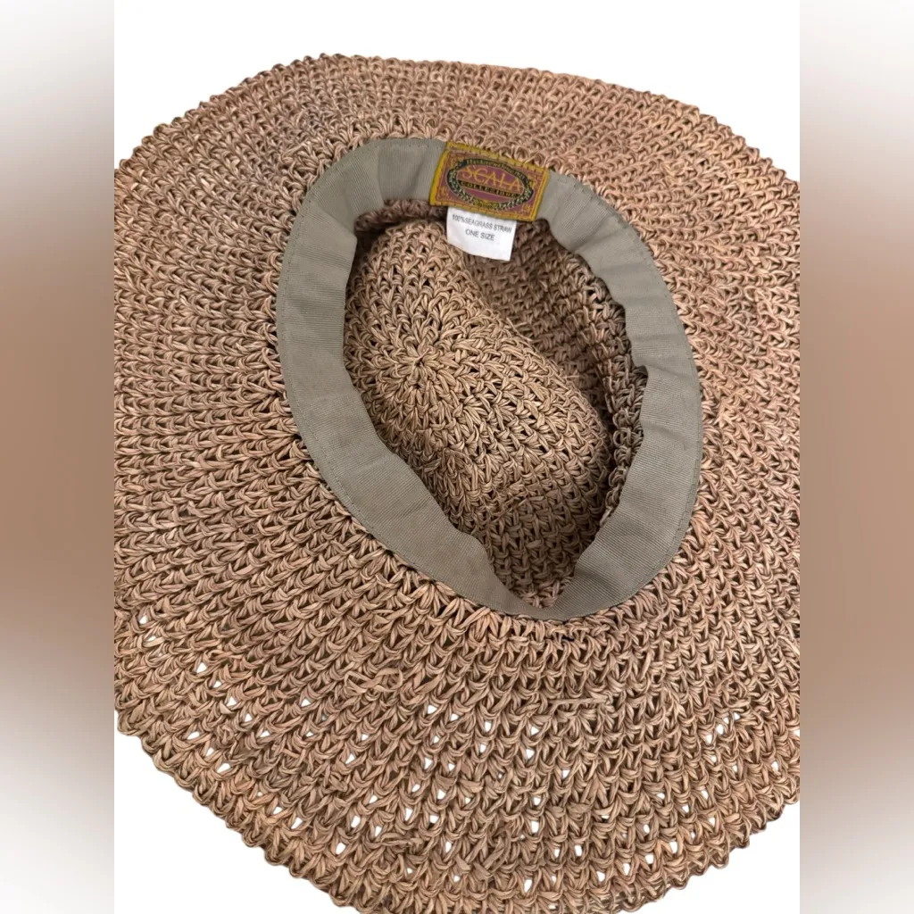 Scala Natural Seagrass Straw Woven Floppy Sun Hat Wide Brim Beaded Band Boho - Image 5
