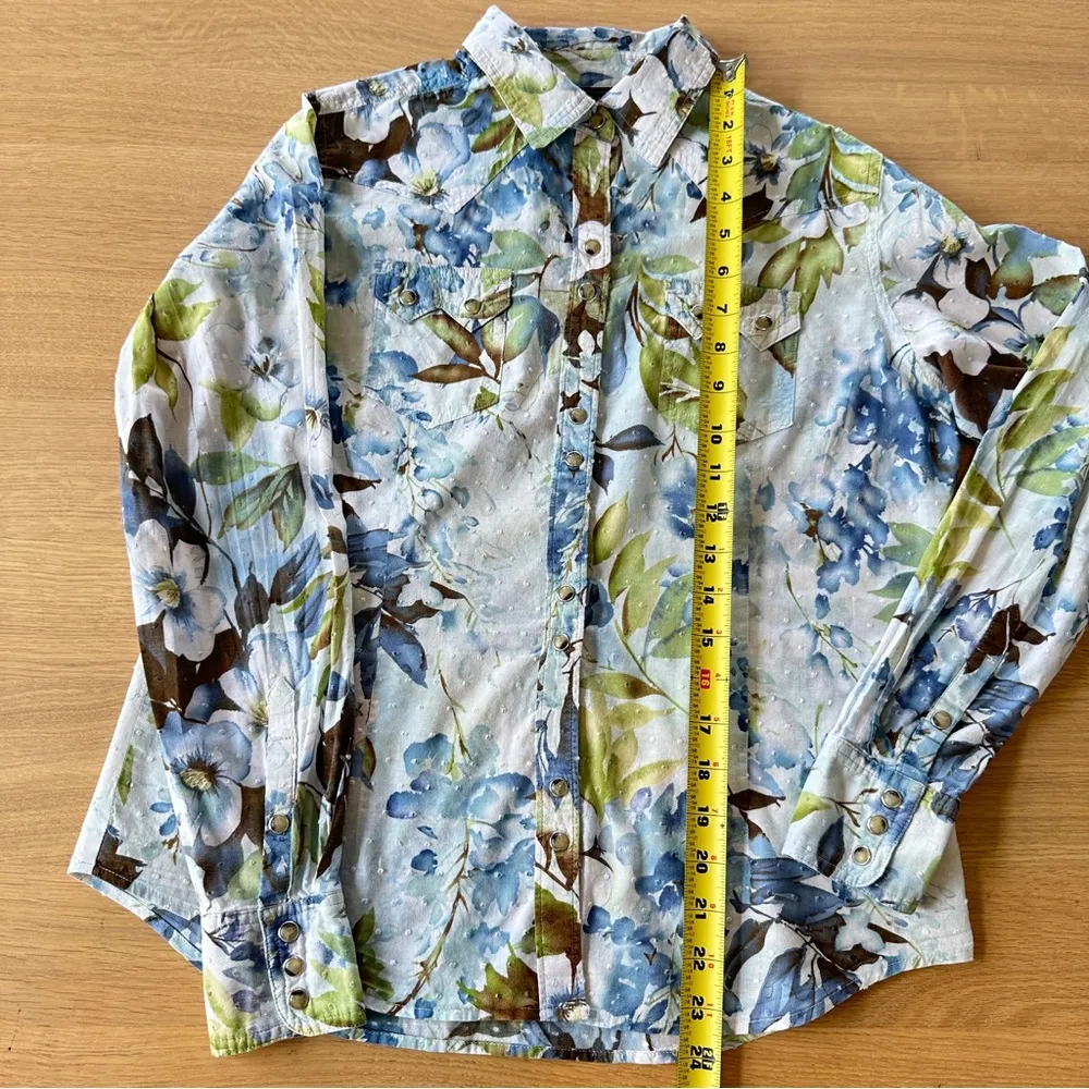 Ariat Fitted Floral Pearl Snap Shirt M 100% Cotton Blue Green White Western - Image 11