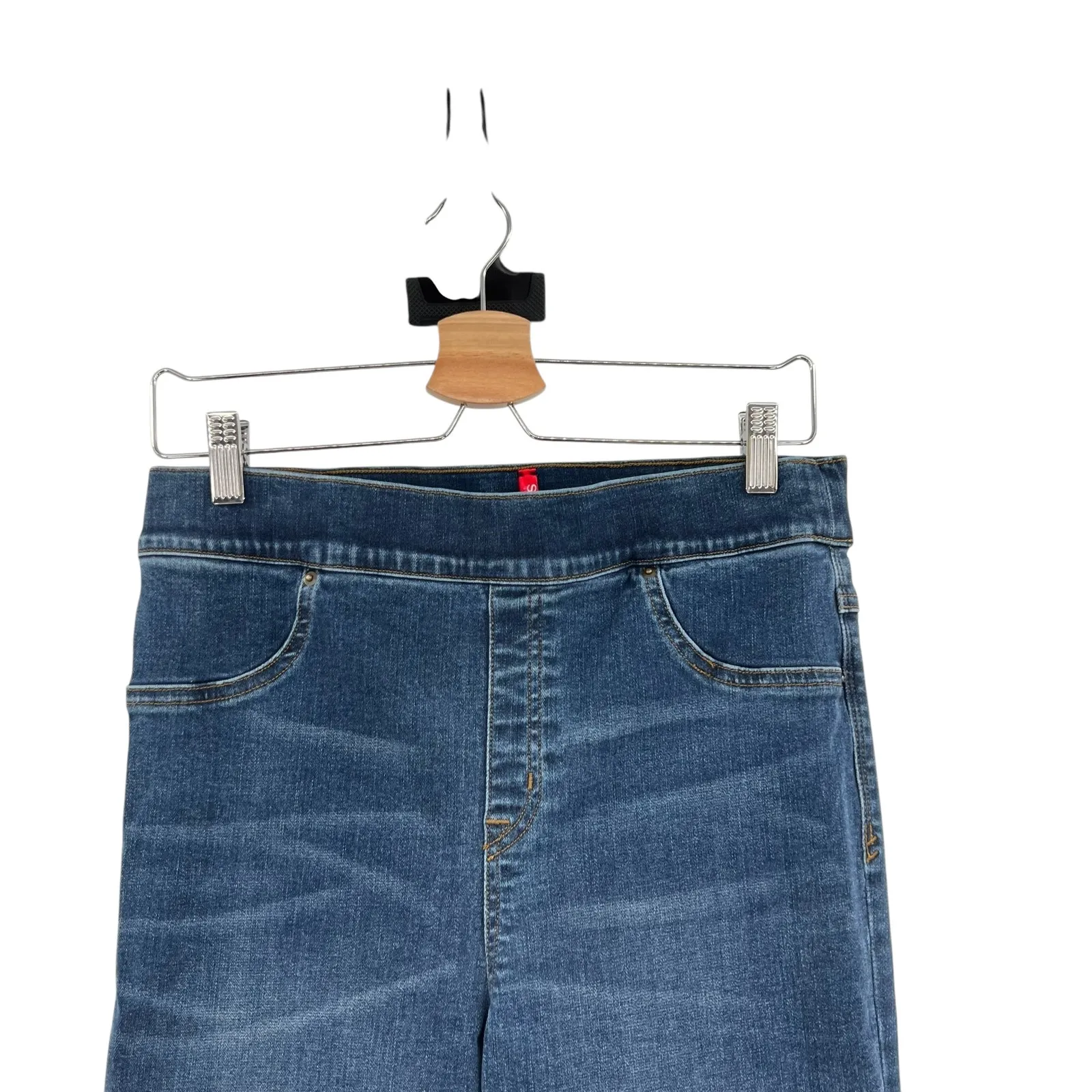 Spanx Cropped Flare Denim Jeans‎ Medium Wash Dip Dye Hem Blue Size Large - Image 4