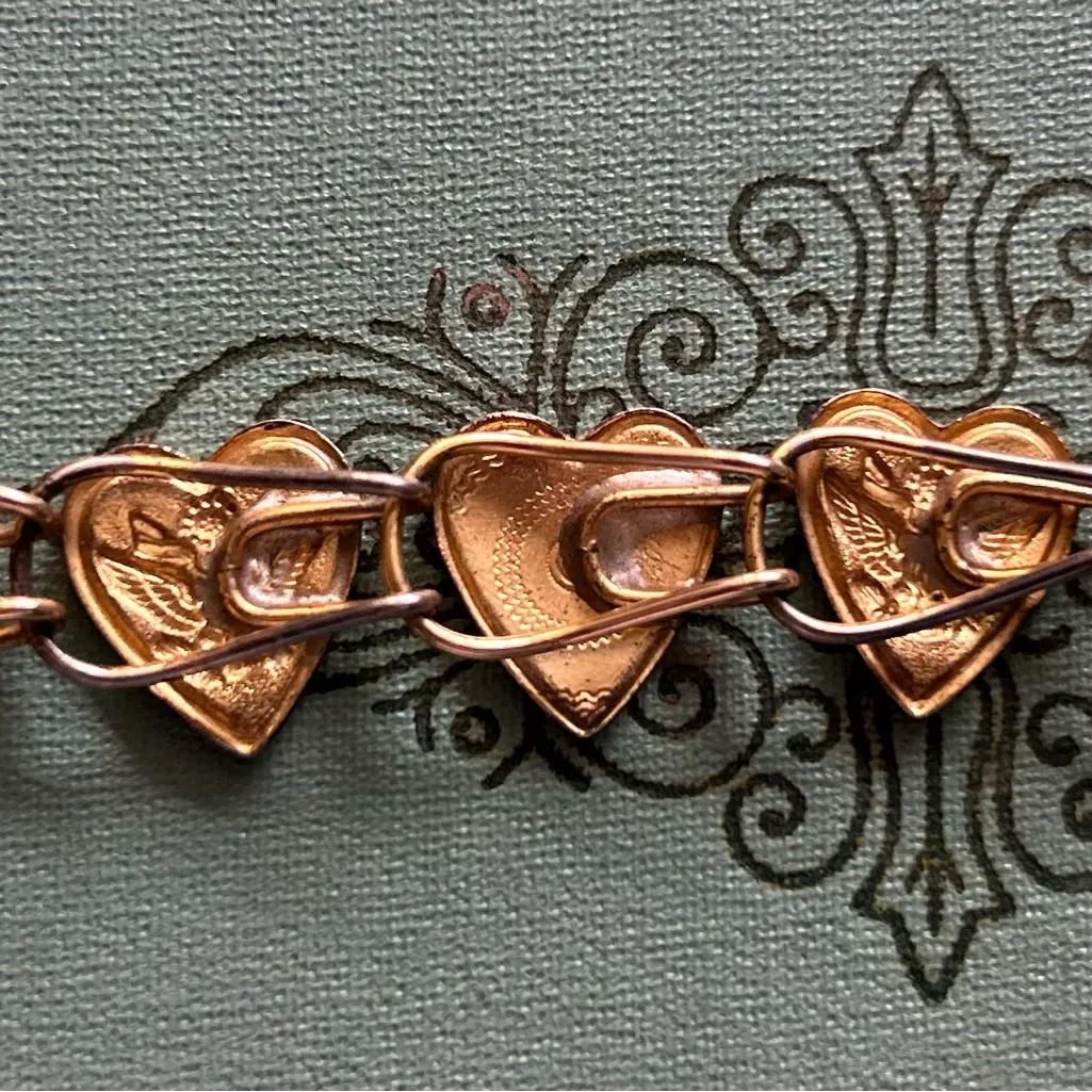 WWII SWEETHEART BRACELET Sterling with gold wash and enamel hearts Pink - Image 6