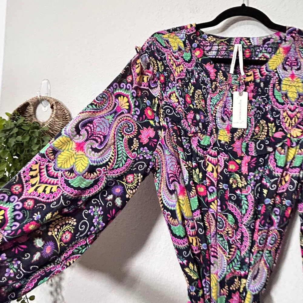 By Anthropologie Tunisian Tunic Paisley Vibrant Smocked Collar NWT Large Coverup - Image 12