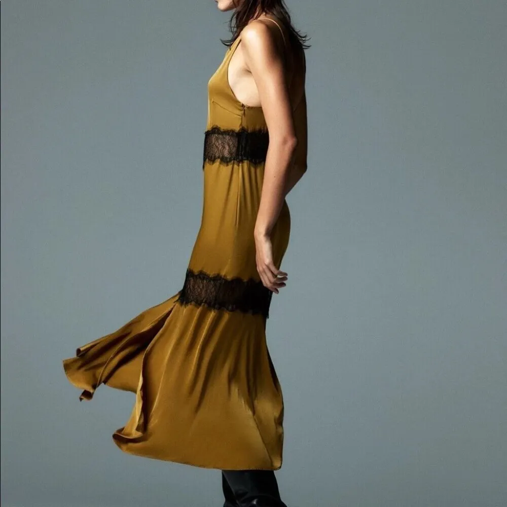 Zara Gold Satin & Black Lace Asymmetric Midi Slip Dress XS - Image 6