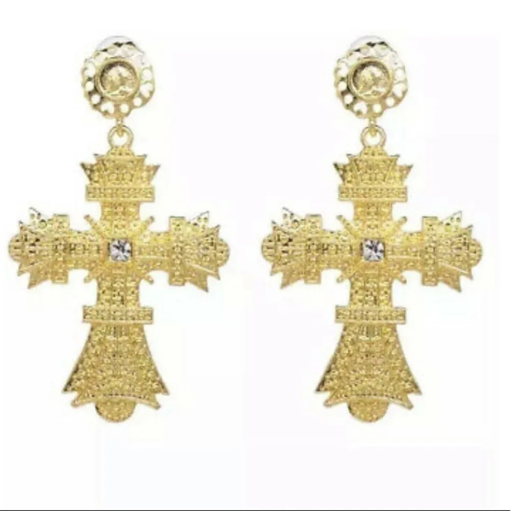 Cross gold tone Statement Earrings. - Image 2