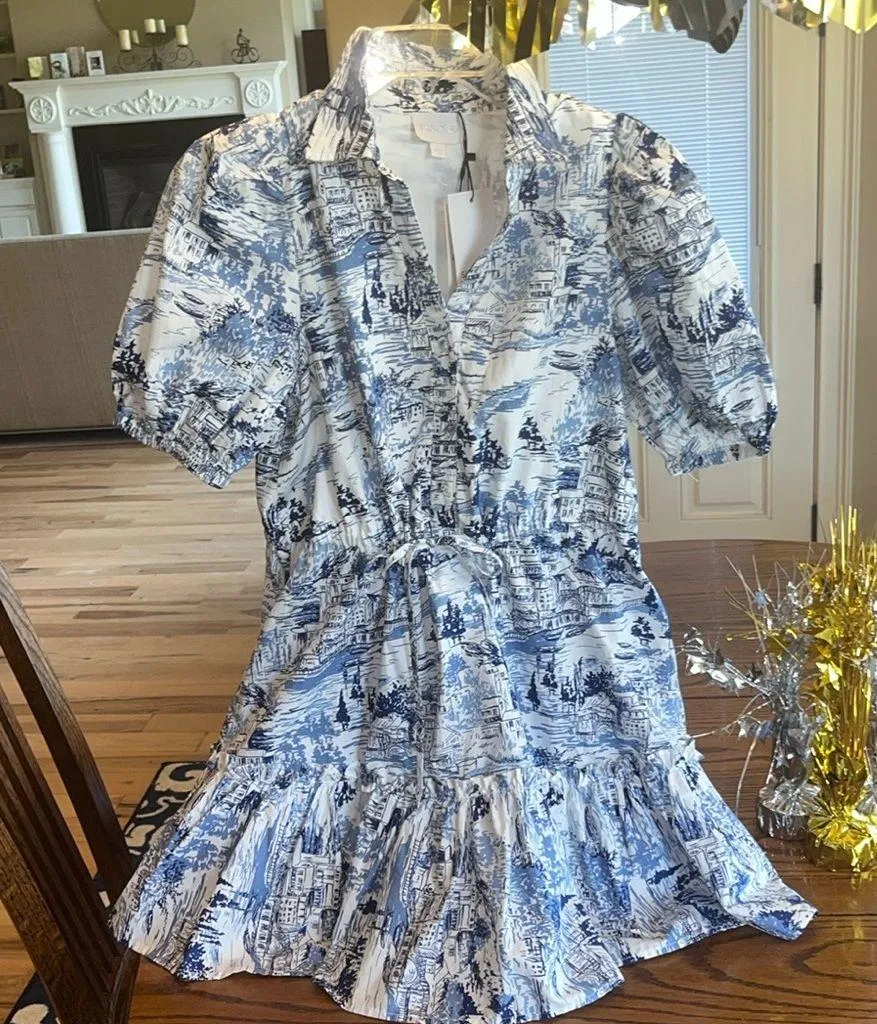 Sugar Lips Cutesy Flirty Blue White Etching Mini Dress Ruffle Hem New - Image 4