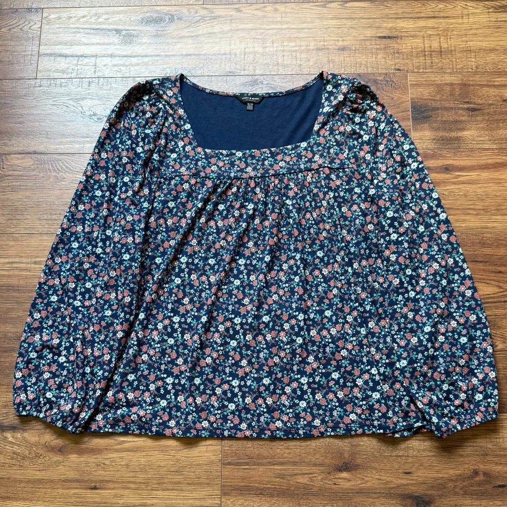 Lucky Brand Women’s Navy Blue Floral Square Neck Long Sleeve Popover Top Size XL - Image 2
