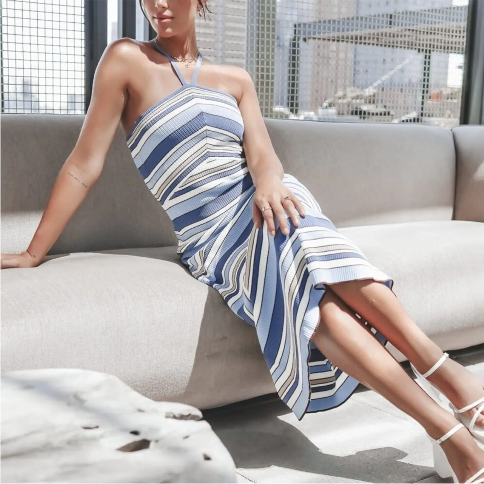 MINKPINK Paige blue tan striped halter ribbed knit a-line midi dress XL - Image 3