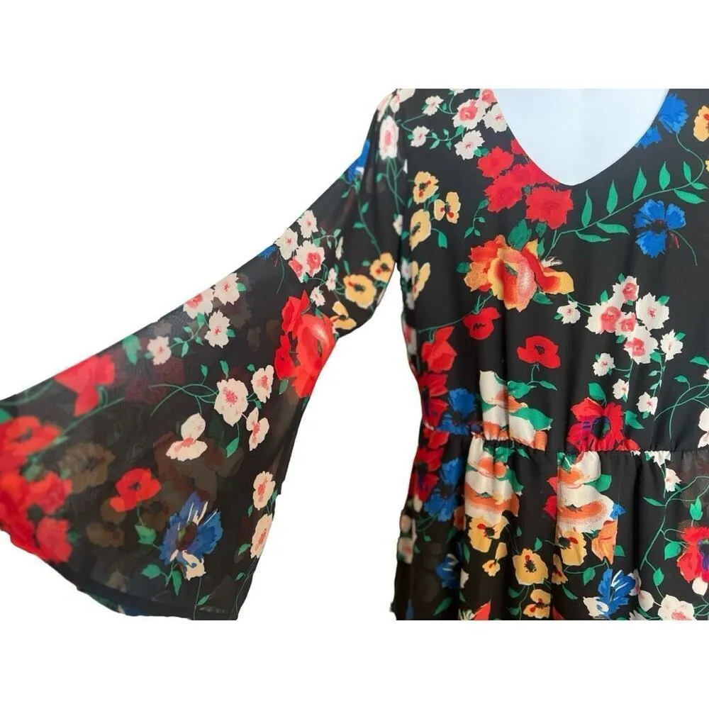 Womens Free Press Floral Allover Print Bell Sleeve Chic Open Back Romper - Sz S - Image 5