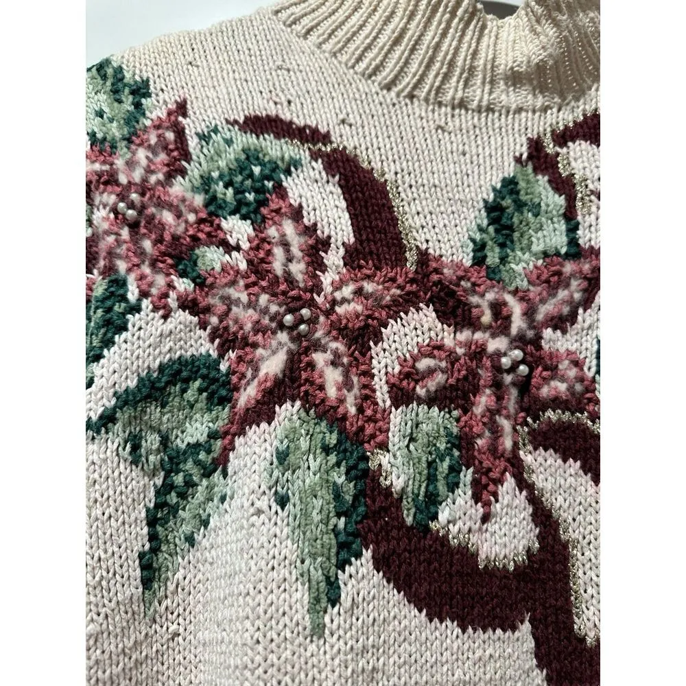 Vntg Talbots Christmas Holly Poinsettia Sweater Womens XL Bow Ivory Knit By Hand - Image 3